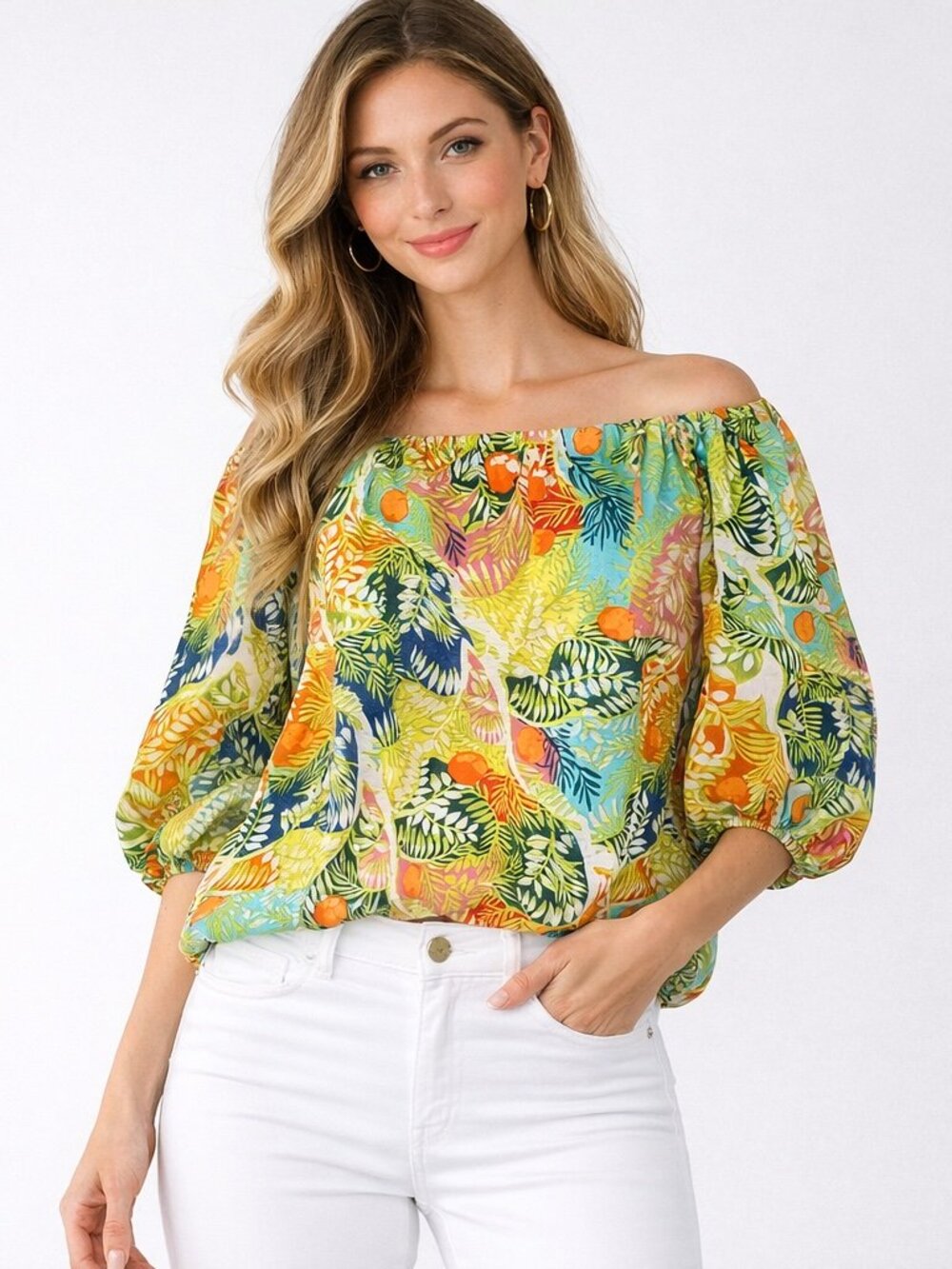 Hester & Orchard Linen Cotton Tropical Off Shoulder Blouse L Resort Beach Top